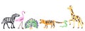 Wild animals set. Crayon like kid`s hand drawn giraffe, tiger, flamingo, snake, peacock, zebra, isolated on white.