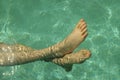 Child`s feet in the blue transparent water of the pool. Royalty Free Stock Photo