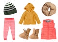 Child`s girl fashion autumn knitted clothes collage. Royalty Free Stock Photo