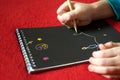 Child`s hand draws a landscape drawing in a notebook with black Royalty Free Stock Photo