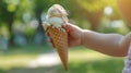 Child s hand holding ice cream cone in lush green park, enjoying summer sweetness Royalty Free Stock Photo