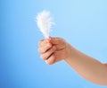 Child's hand holding white feather Royalty Free Stock Photo