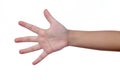 Child`s hand showing the number five