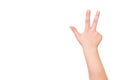 Child`s hand shows three fingers on a white background Royalty Free Stock Photo