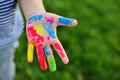 A child`s hand is soiled in multicolored finger paints close-up on a grass background.