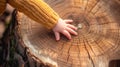 A child\'s hand touching the texture of a cut tree trunk in nature. Sustainability concept