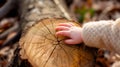 A child\'s hand touching the texture of a cut tree trunk in nature. Sustainability concept Royalty Free Stock Photo