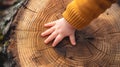 A child\'s hand touching the texture of a cut tree trunk in nature. Sustainability concept Royalty Free Stock Photo