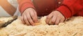 Child`s hands on the background of a handful of dry technological chips. Selective focus. Remains of woodworking, untreated wood