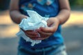 A child& x27;s hands in a close-up, gripping a white tissue, with a blue top and denim shorts. The blurred outdoor Royalty Free Stock Photo