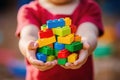 Child\'s hands cradling an assortment of vibrant building blocks, emphasizing creativity and cognitive growth