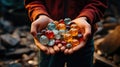 Child\'s hands full of plastic, Hands of young boy holding a bunch of plastic ready to recycle and be ecologically friendly