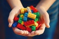 Child\'s hands holding colorful building blocks, capturing the essence of innocent play and imagination