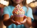 A child\'s hands holding a cupcake covered with rainbow sprinkles, joyful and bright