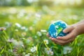 Child& x27;s hands holding earth globe over green plants background Royalty Free Stock Photo