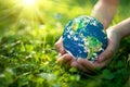 Child& x27;s hands holding earth globe over green plants background Royalty Free Stock Photo