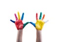 Child's hands painted with multicolored finger paints