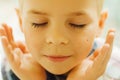 Child's happy face . Portrait of a Cute Kid. little boy with sh Royalty Free Stock Photo