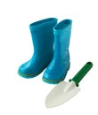 Child's little blue rubber gumboots with a shovel