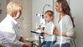 Child`s ophthalmology - check up for eyesight`s healthcare - optometrist diagnosis little girl