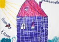 Child`s picture. Blue house in sunny day.