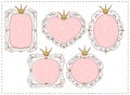 Set of cute doodle mirrors. Princess element of design. Pink frames with crown, tiara. Sketch hand drawn.