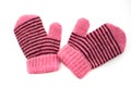 Child's pink mittens with black stripe