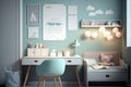 Child\'s room interior with desk and cute posters on light wall Space for text. Generative AI