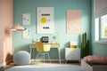 Child\'s room interior with desk and cute posters on light wall Space for text. Generative AI