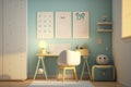 Child\'s room interior with desk and cute posters on light wall Space for text. Generative AI