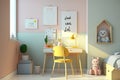 Child\'s room interior with desk and cute posters on light wall Space for text. Generative AI Royalty Free Stock Photo