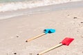 Child`s Shovels, On Shoreline, Of Tropical Beach