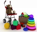 Child's toys in a small basket and pram Royalty Free Stock Photo