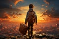 Child s wanderlust, flying on a suitcase, silhouetted against sunset s hues Royalty Free Stock Photo