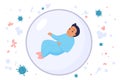 Child in safety bubble for health protection, newborn baby inside protective shield