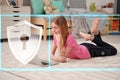 Child safety online. Teenage girl using laptop at home. Illustration of internet blocking app Royalty Free Stock Photo