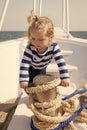 Child sailor. Boy sailor travelling sea. Boy sailor striped shirt sea yacht travel around world. Little sea traveller