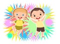 Child with salute. Little boy and girl. Fireworks at birthday party. Kid is jumping for joy at party. Charming active Royalty Free Stock Photo