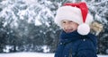 a child in a Santa Claus hat smiles against the background of snow-covered trees, winter, snow falls