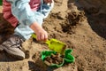 a child sculpts animals out of sand, sandbox games, beach holidays, entertainment for children, childrens toys Royalty Free Stock Photo