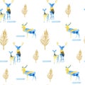 Child seamless modern pattern with hand drawn watercolor woodland winter floral, abstract deer animals.