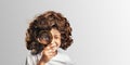 Child see through magnifying glass on the png backgrounds. Royalty Free Stock Photo