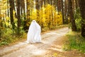 A child in sheets with slits like a ghost costume in an autumn forest scares and terrifies. A kind little ghost. Halloween Party