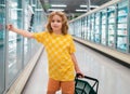 Child with shopping basket at grocery store. Healthy food for kids. Portrait of smiling little child with shopping bag Royalty Free Stock Photo