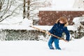 Child shoveling winter snow. Kids clear driveway