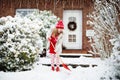 Child shoveling winter snow. Kids clear driveway Royalty Free Stock Photo