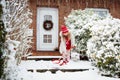 Child shoveling winter snow. Kids clear driveway Royalty Free Stock Photo