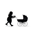 Child silhouette pushes a baby carriage