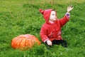 Child sit turn the floor on grass near huge pumpkin. Sunny warm day. copy space for text. The symbol and carnival costume of holid