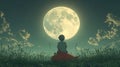 Child sits alone under a full moon Royalty Free Stock Photo